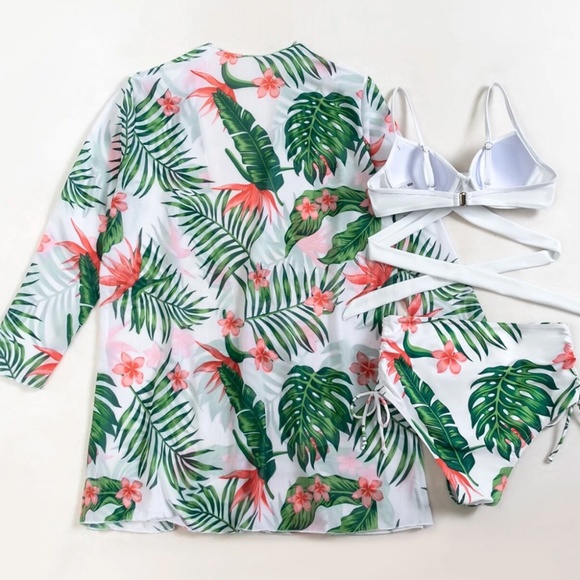 3 Piece Tropical Print Swimwear Set White - Picture 4 of 10